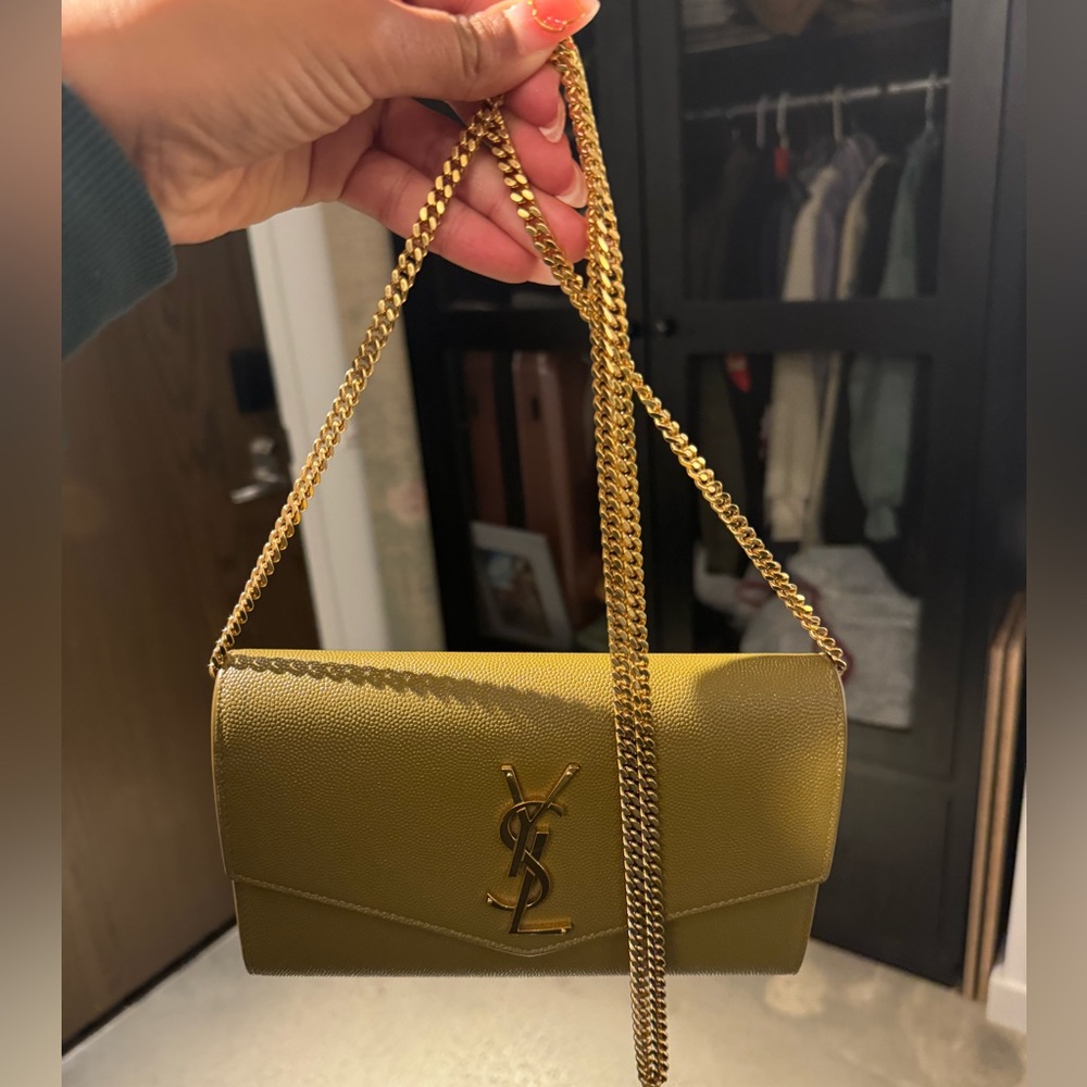 Relist - YSL CHARTREUSE UPTOWN CHAIN WALLET IN GRAIN DE POUDRE EMBOSSED LEATHER - Picture 10 of 11